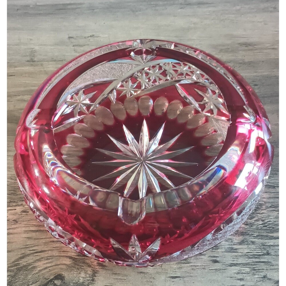 Vintage Bohemian Ruby Flash Cut Crystal Ashtray Heavy Lead Crystal Mid Century